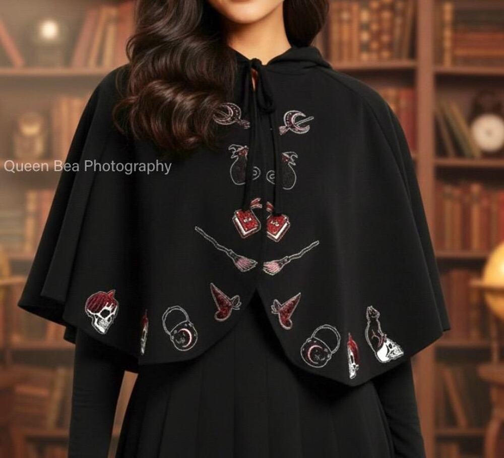 Black Embroidered Witchy Hooded Short Capelet Cape Pointy Hood
